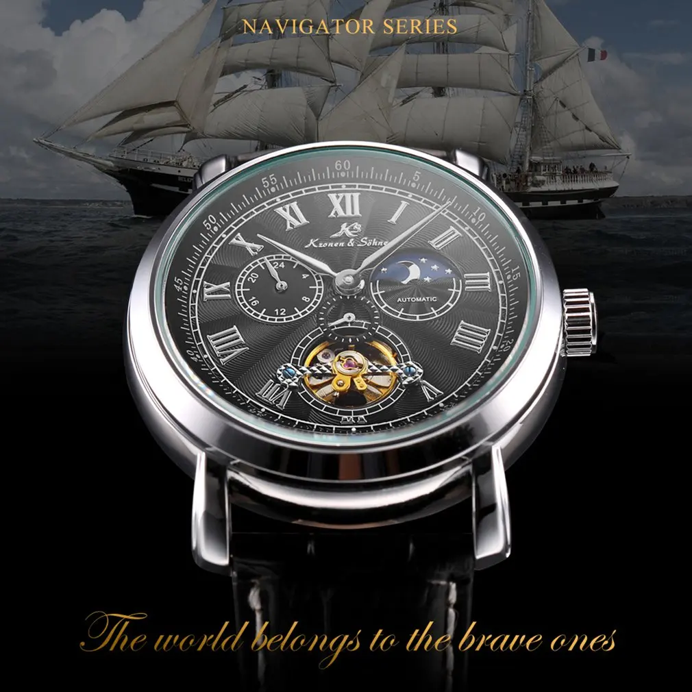 Navigator KS, спортивные часы, золотой чехол, автоматический, с защитой от солнца, Луны, дня и ночи, с кожаным ремешком, мужские механические часы Mirar