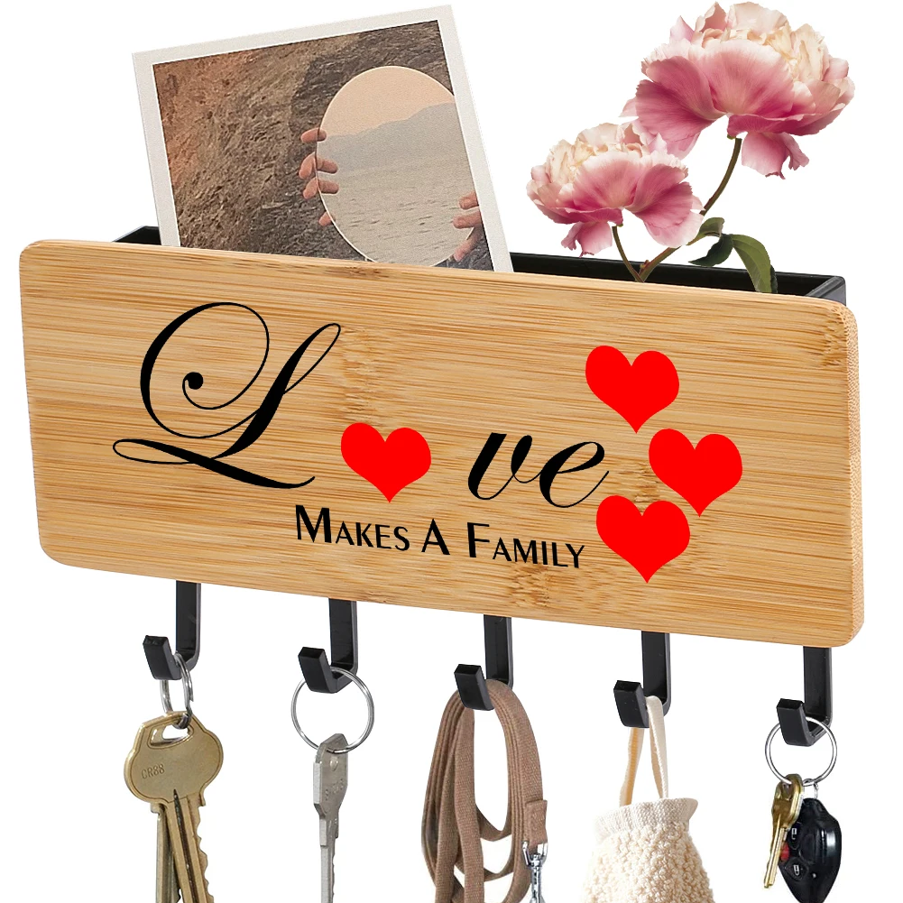 

Bamboo Wooden Key Hanger Love Makes A Family Keychain Hanger Storage Box Wall Decor Hanging Hooks Door Decoration Accessories