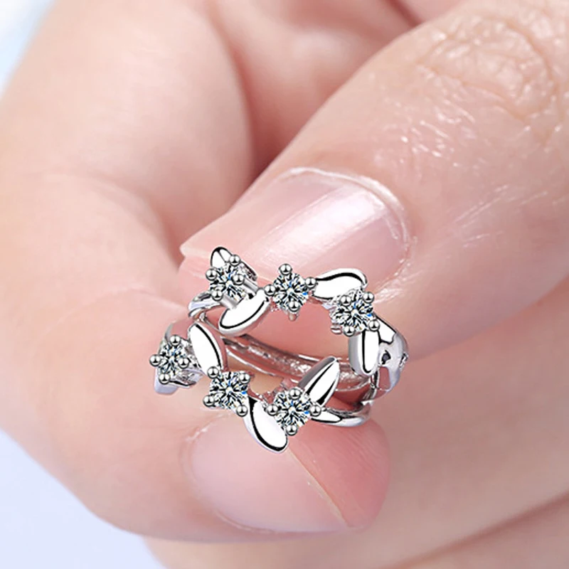 Женские серьги гвоздики с листьями изящные Серебристые мозаикой из кубического