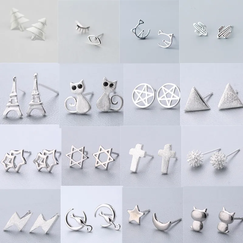 

925 Sterling Silver Piercing Cross Cat Star Heart Stud Earrings For Women Party Jewelry Brincos pendientes