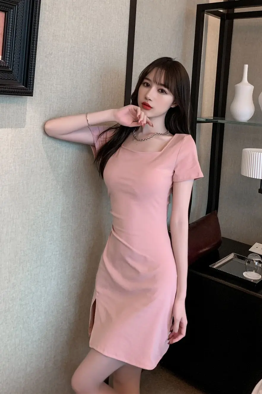 

COIGARSAM Women dress New Summer Pleated Square Collar High Waist Dresses Pink Black 6198