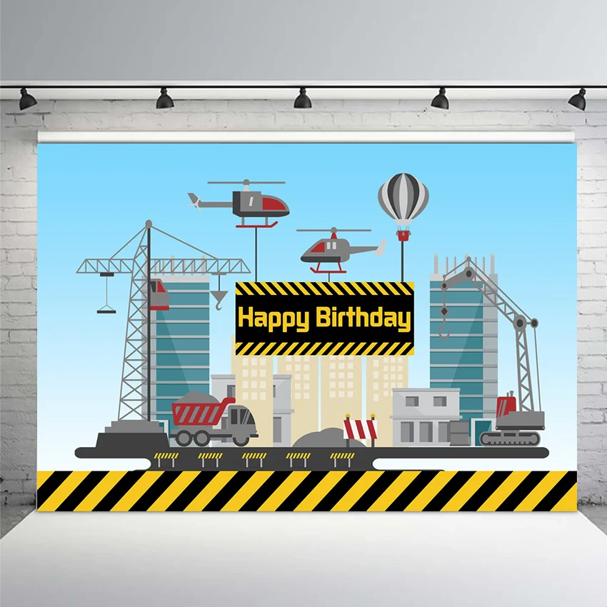 

Construction Theme Birthday Backdrop Excavator Boys Happy Birthday Photo Background Truck Helicopter Backdrops