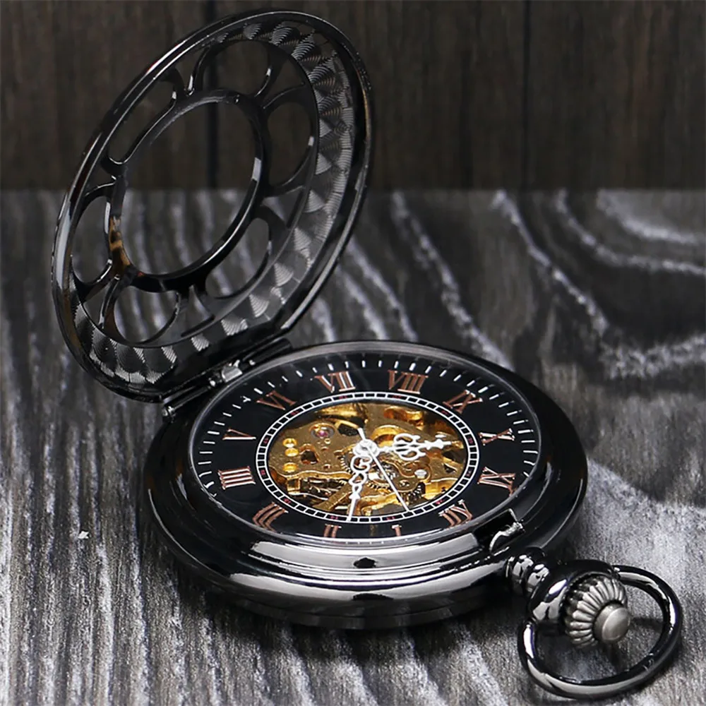 Retro Hollow Pumpkin Flower Mechanical Pocket Watch Vintage Pendant Clock Male Roman Numerals Display Hand Winding Timepiece