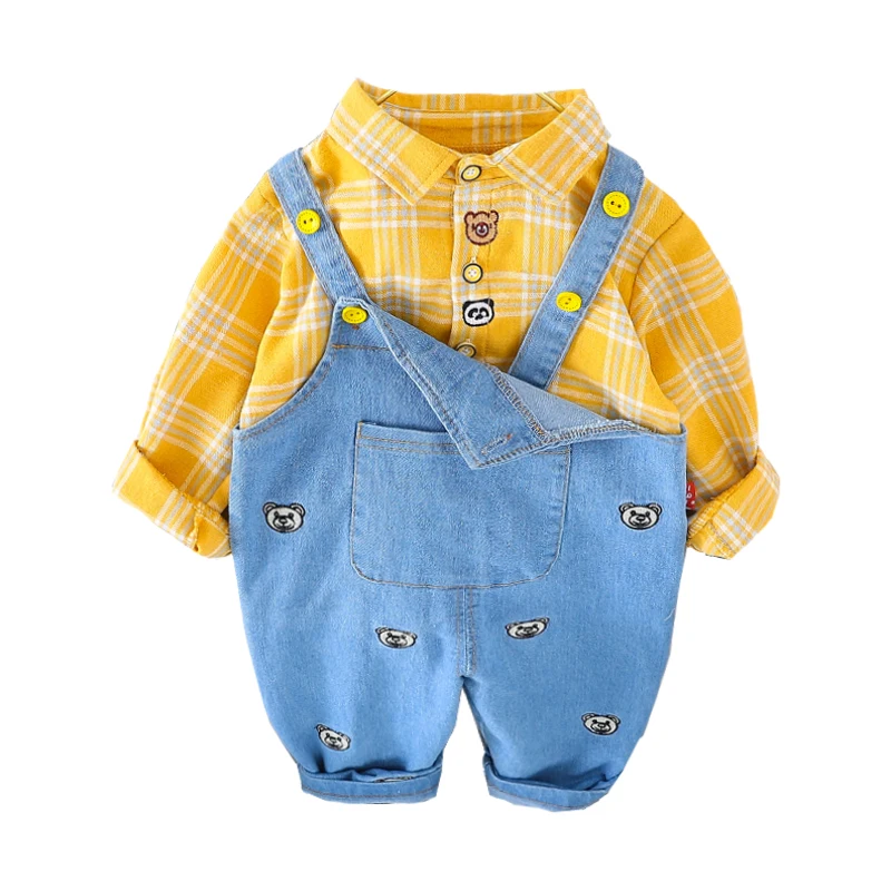 

HYLKIDHUOSE Autumn Baby Girls Boys Clothing Sets Children Clothes Outfit Infant Paild Shirt Cartoon Bear Jeans Kids Sportswear