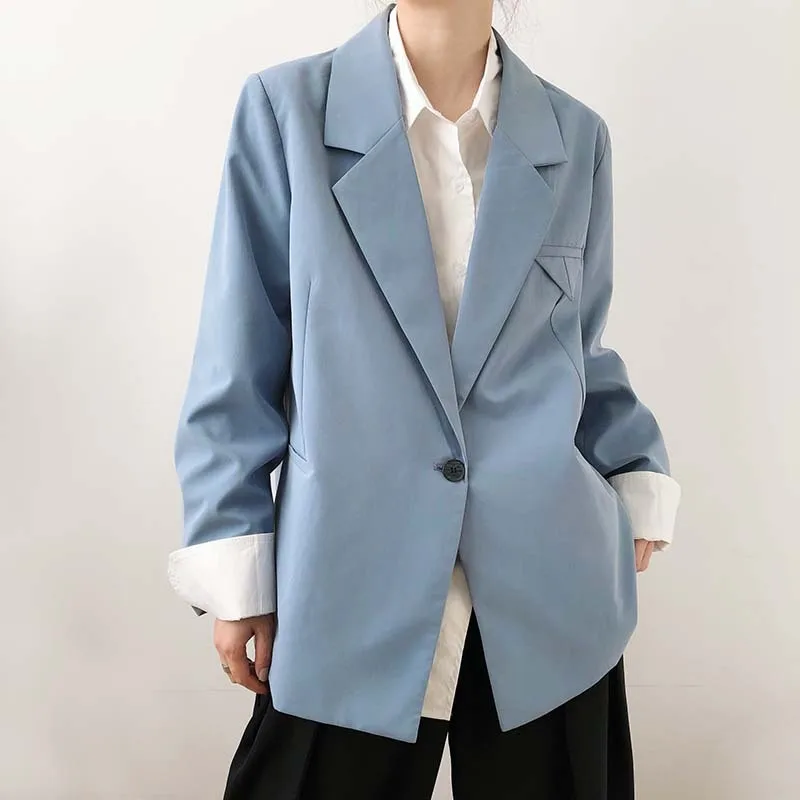 

Korean Gray-blue Single Button Blazers Women Loose Casual Notched Collar Long Sleeve Suit Jacket Female Coat Spring Autumn 2021