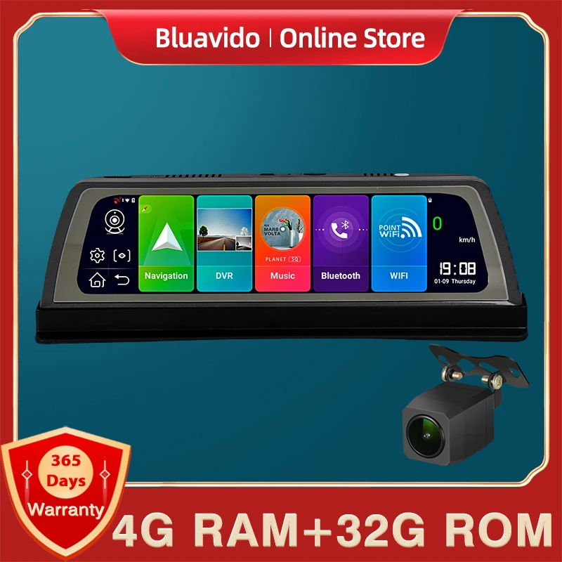 Автомобильный видеорегистратор Bluavido 10 дюймов IPS 4G ADAS Android GPS-навигация 1080P Wi-Fi