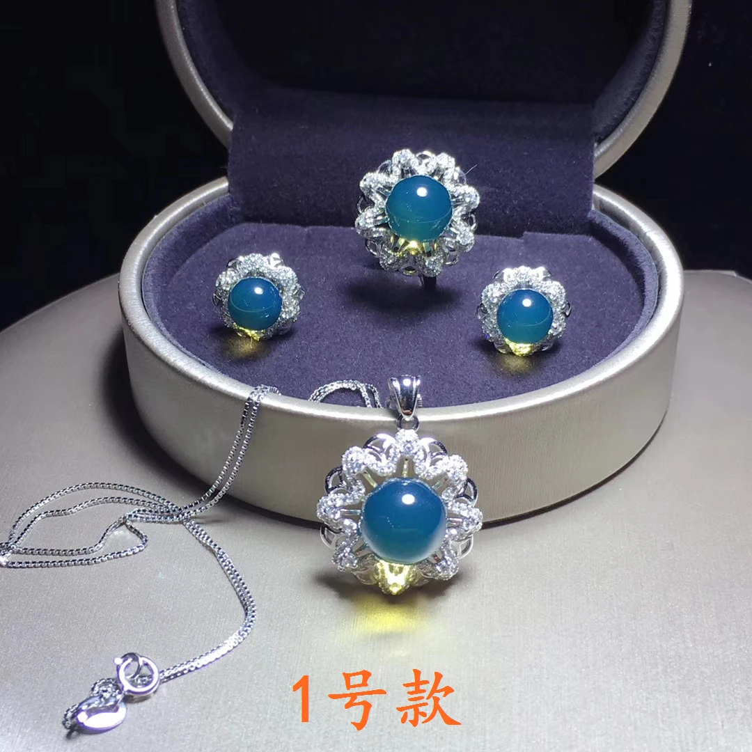

Natural 925 sterling silver inlaid 100% real blue amber beads necklace ring earrings for women amber bracelet jewelry sets