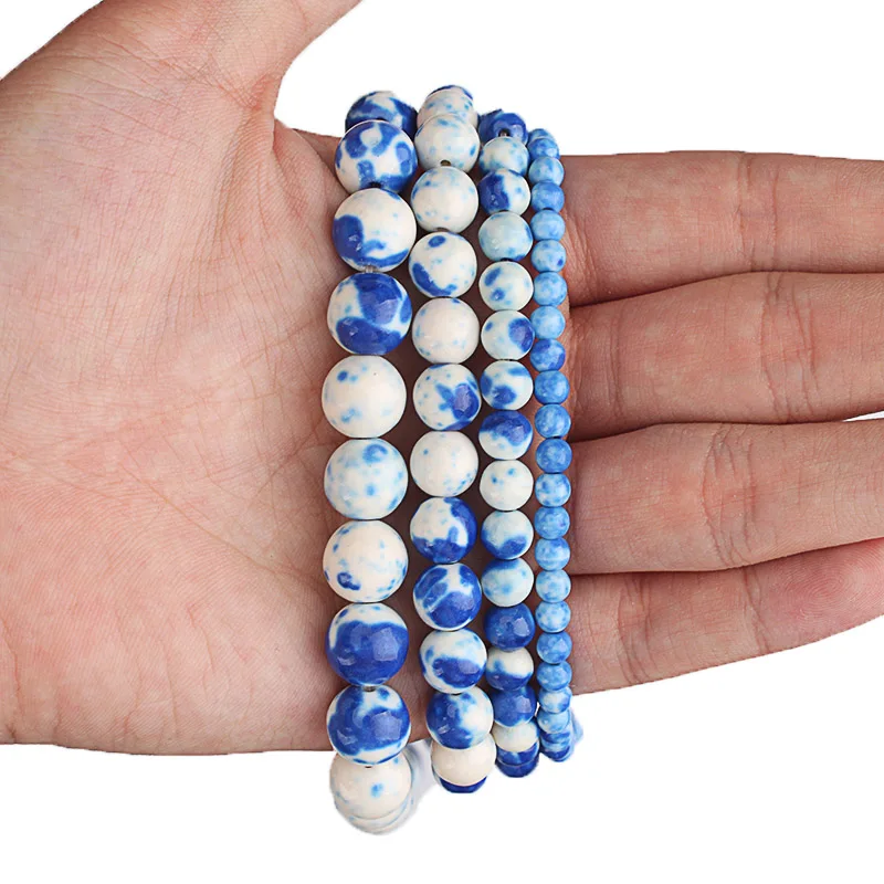 Бело-голубые разнообразные круглые бусины из натуральной глины и керамики 4 6 8 10