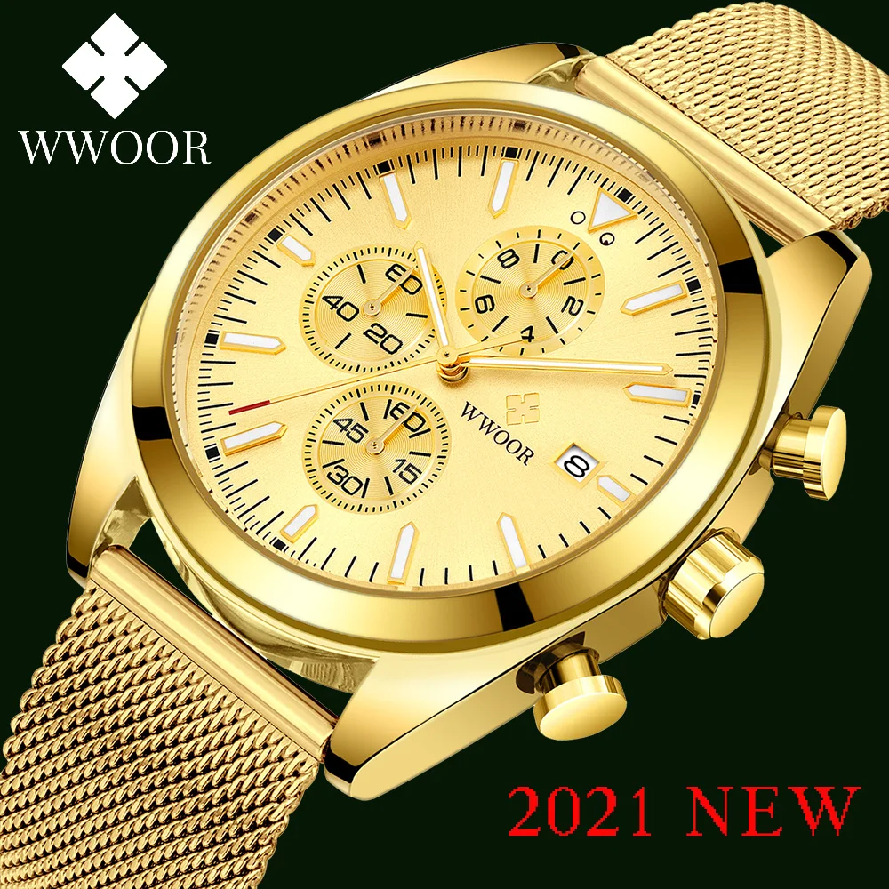 

Часы мужские WWOOR, кварцевые, водонепроницаемые, золотые, стальные, 2021