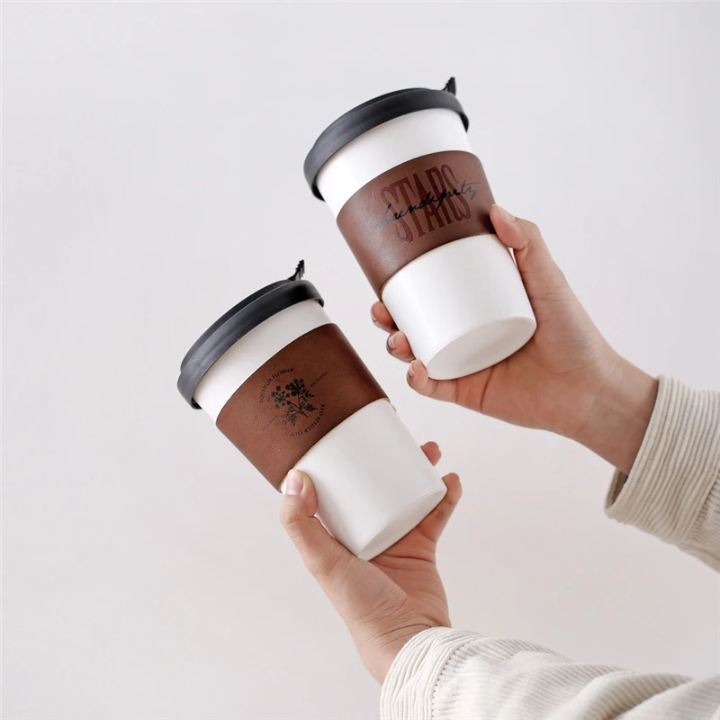 

Ceramic Coffee Mugs 450ML Tea Cups Big Travel Mugs Camping Mugs Coffee Cup With Fashion insulated leather