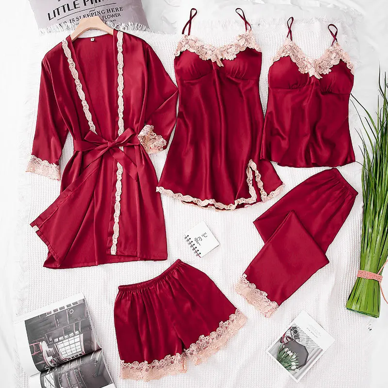 Зимние сексуальные кружевные атласные пижамы из 5 предметов пижамный комплект