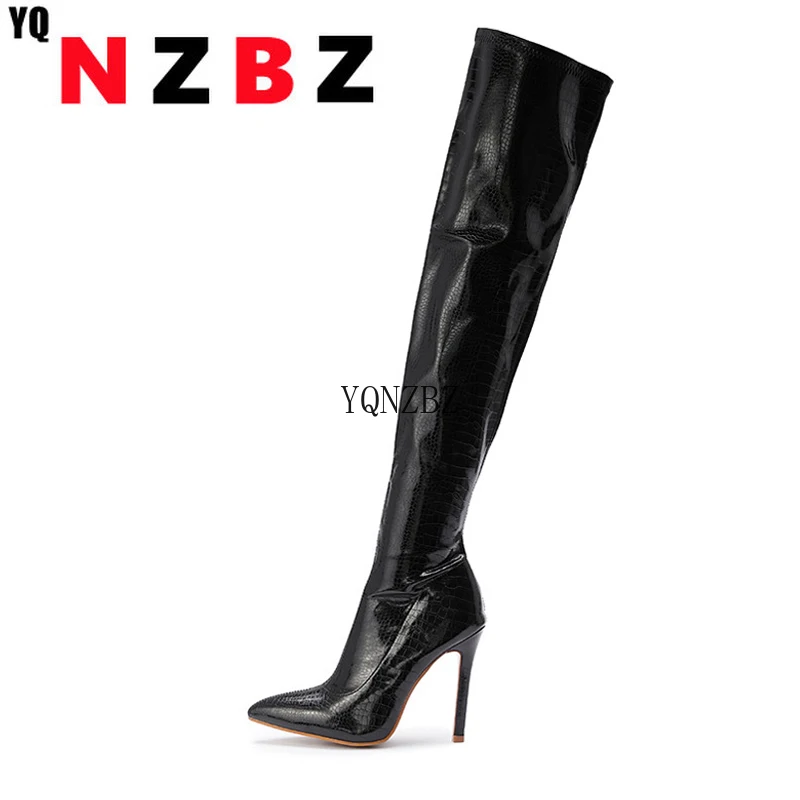 

YQNZBZ Sexy Snake Print Patent Leather Pointed Toe Women Nightclub Stripper Over The Knee Boots Fashion Zip Stiletto Heels Shoe