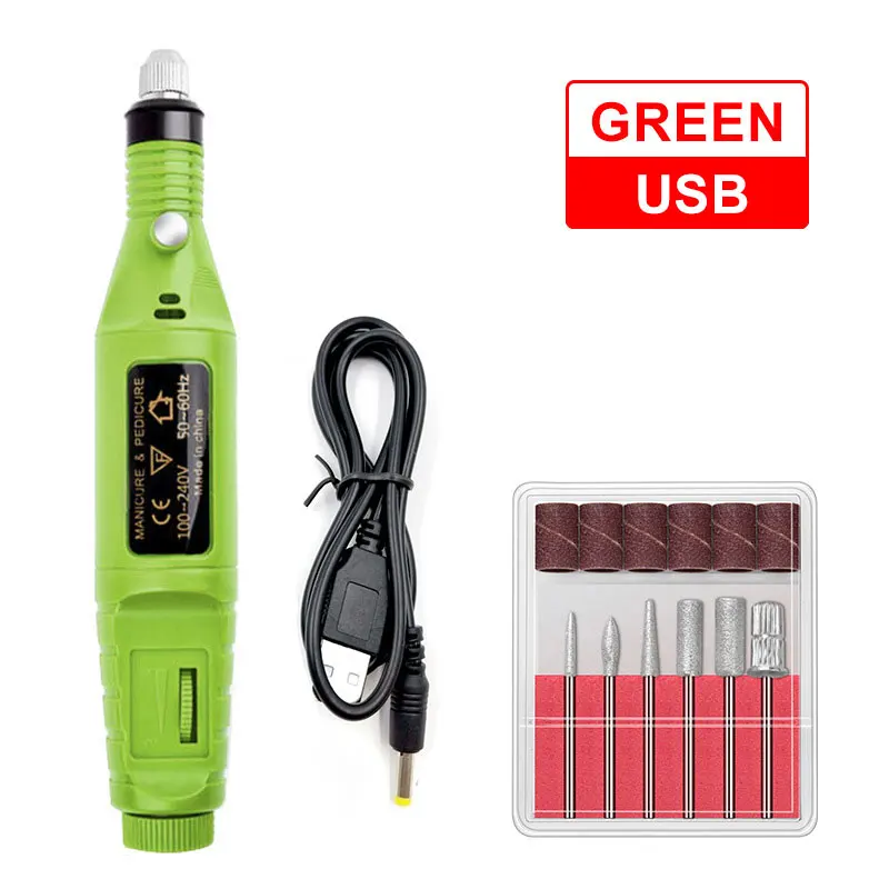 green USB Профессиональный электрический набор для маникюра, маникюрный маникюр с полировкой, электрическая ручка для маникюра, Педикюр с 6 битами, инструменты для маникюра - Цвет: green USB