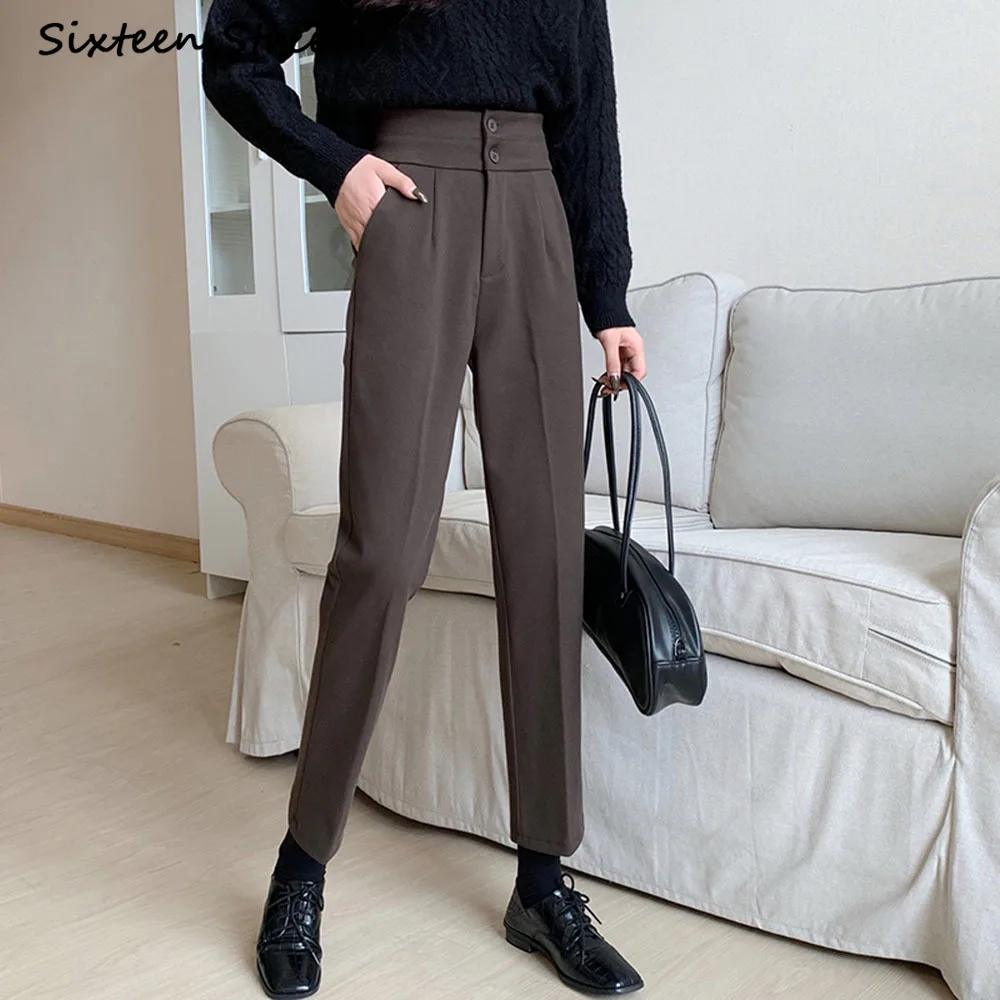 

Женские винтажные брюки до щиколотки, черные, кофейные, на молнии, в Корейском стиле, классические, осенне-зимние