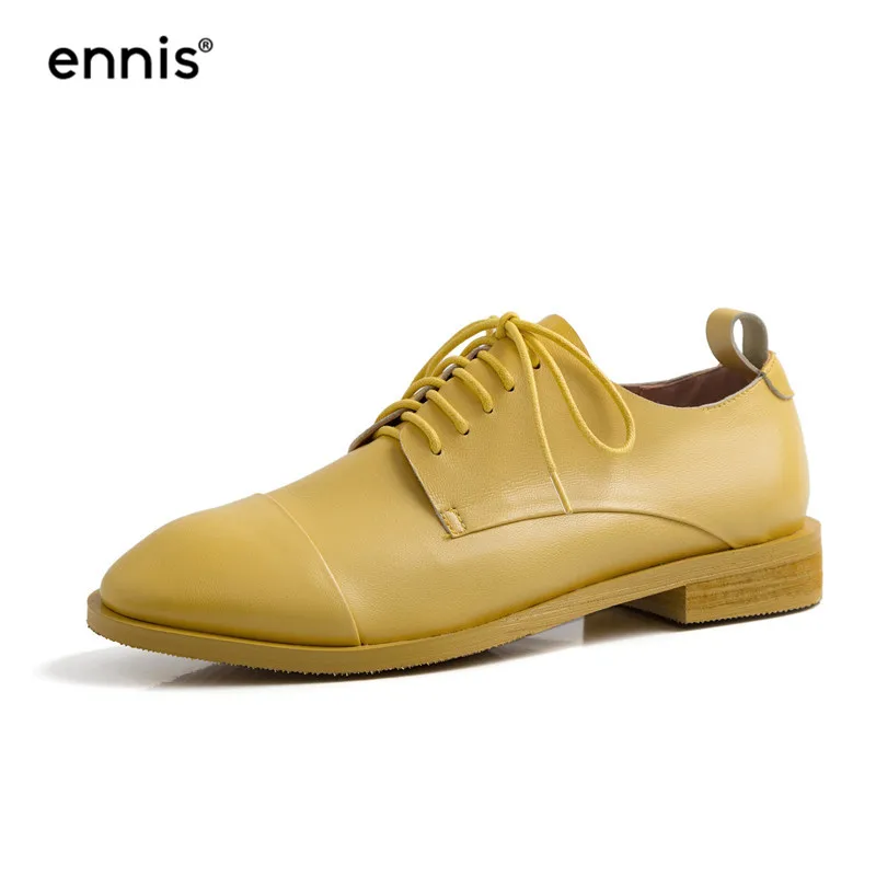 Yellow ENNIS/ г. Модная женская повседневная обувь из натуральной кожи осенние туфли-оксфорды на плоской подошве с круглым носком на шнуровке желтого, бежевого, красного, черного цвета C9115 - Цвет: Yellow