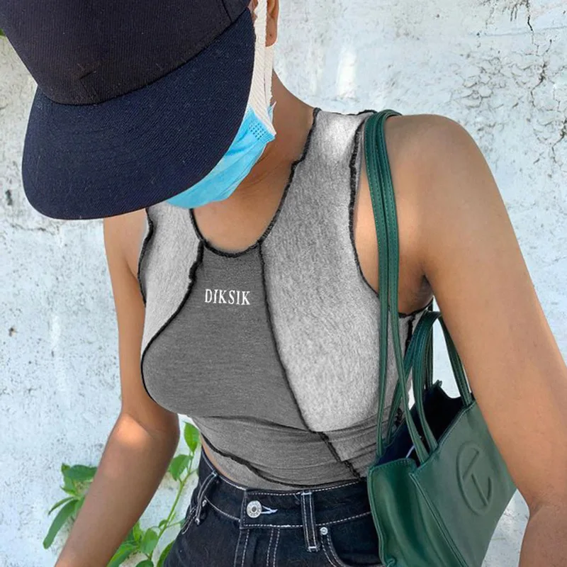 

Summer Women's I-Shaped Tight-Fitting Navel Crop Top Fashion Sports Stitching Hit Color Bandage Letter Printing Back Strap Vest