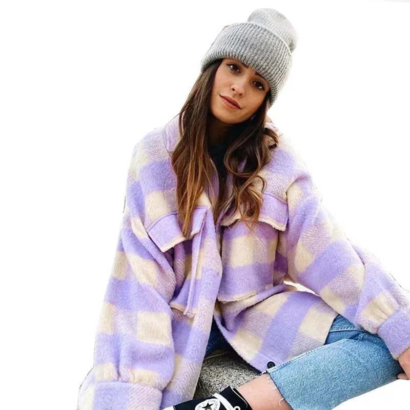 

Brown Plaid Shirt Loose Long Sleeves Shirts Woolen Cloth Check Shirt Lapel Ladies Oversized Shirt Spring and Autumn 2021 Clothes