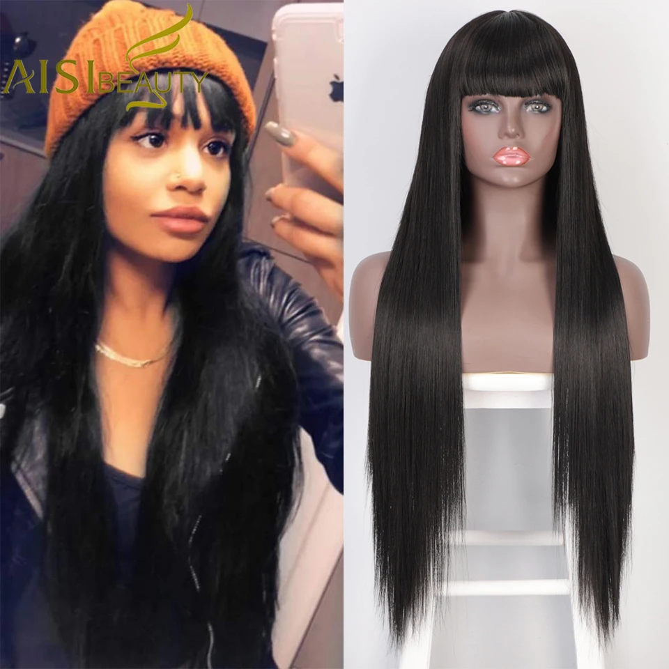 

AISI BEAUTY Synthetic Wigs Long Straight Black Wigs for Women Middle Part with Bangs Brown Red Blonde Natural Hairline Wigs