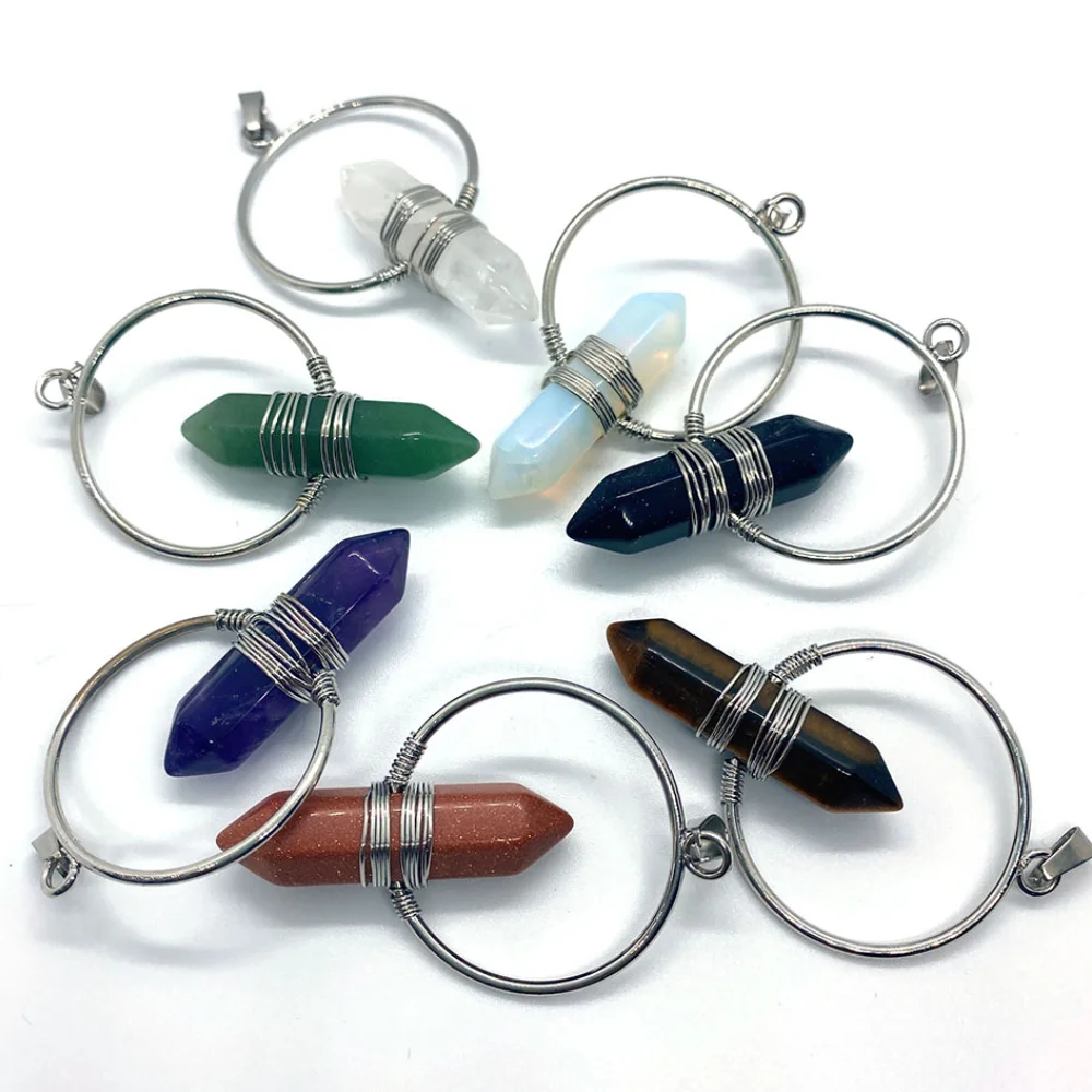 

Gold Sand Stone Crystal Column Natural Stone Necklace Pendant Polygon Rose Quartz Purple Charms for Jewelry DIY Making Earrings