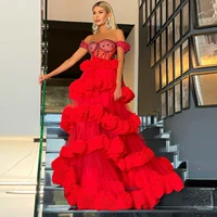 red off shoulder ball gown dress sequins beaded floor length long dress crystals evening dresses layered fluffy wedding dress