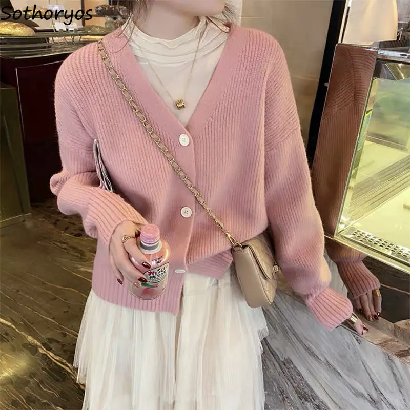 

Women Solid Cardigan Knitted Sweater Long Sleeve Loose Elegant Female All-match Spring Simple Outwear Korean Style Casual Coats