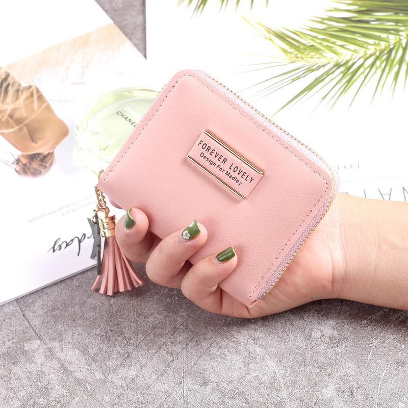 

Hot Sale Women Wallets Cute Tassel Letter Print Female Luxury Leather Zipper Coin Purses Card Holder Money Pocket Clutch Bag