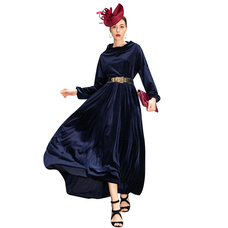 Осень зима бархатное женское роскошное длинное платье темно синее шикарное