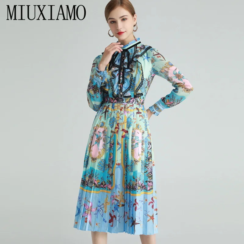 

MIUXIMAO 2021 Spring Summer Diamonds Starfish Shells Print Lace Fold Half Sleeve Holiday Slim Elegant Midi Dress Women Vestidos