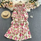 Платье женское длинное с цветочным принтом, черное пляжное праздничное французское платье с квадратным воротником и длинным рукавом, весна-лето 2021