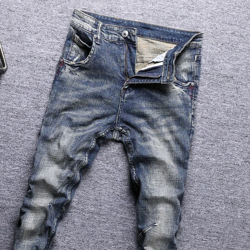 European Vintage Fashion Men Jeans Retro Blue Elastic Slim Ripped Jeans Men High Quality Distressed Designer Casual Denim Pants