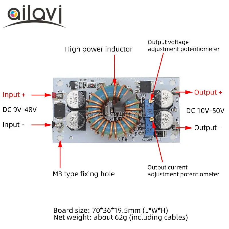 Регулируемый повышающий преобразователь постоянного тока 9 ~ 48 В до 10 50 в А модуль