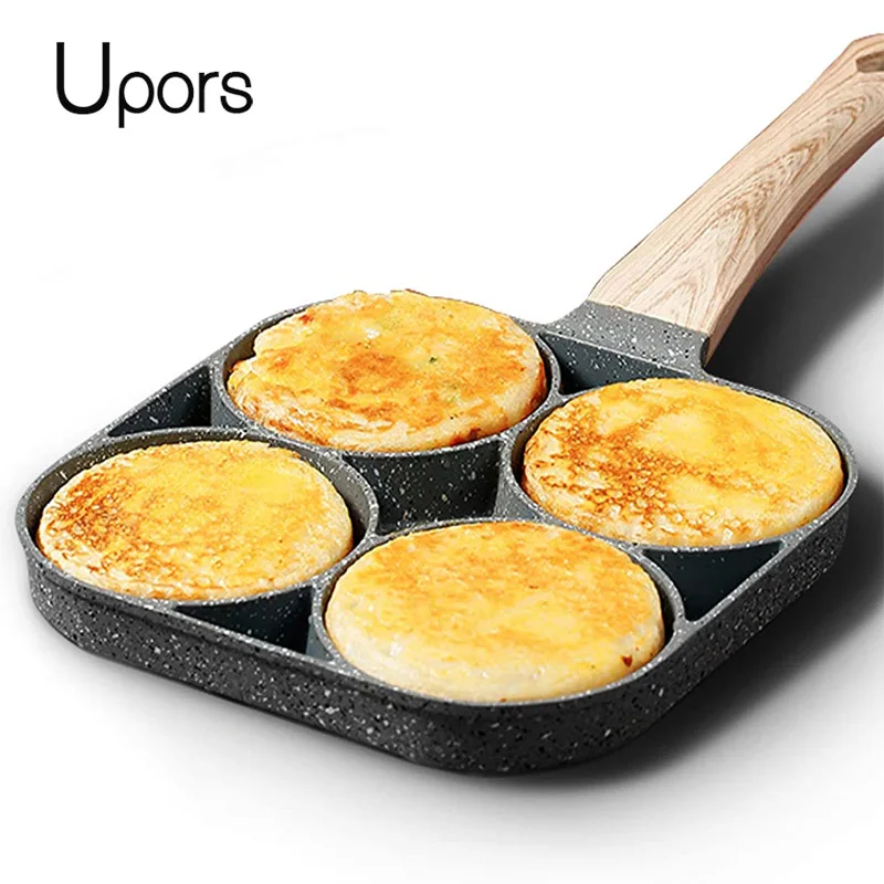 UPORS 4 Hole Frying Pan Non Stick Breakfast Burger Egg Pancake Maker Wooden Handle Medical Stone Four Hole Omelet Pan