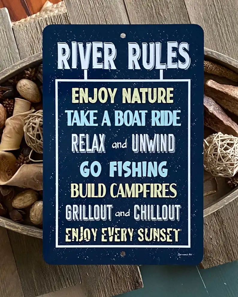 

Tin Sign Metal Plaque River Rules Enjoy Nature Warning Sign Poster Country Lakeside Wall Decoration Retro Metal Plate 12*8 Inch