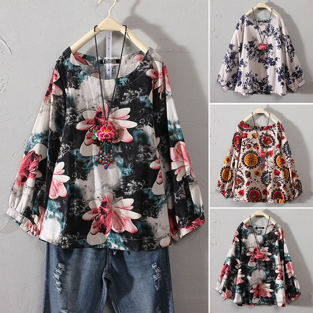 Женская Винтажная футболка из хлопка и льна голубая большого размера с цветочным