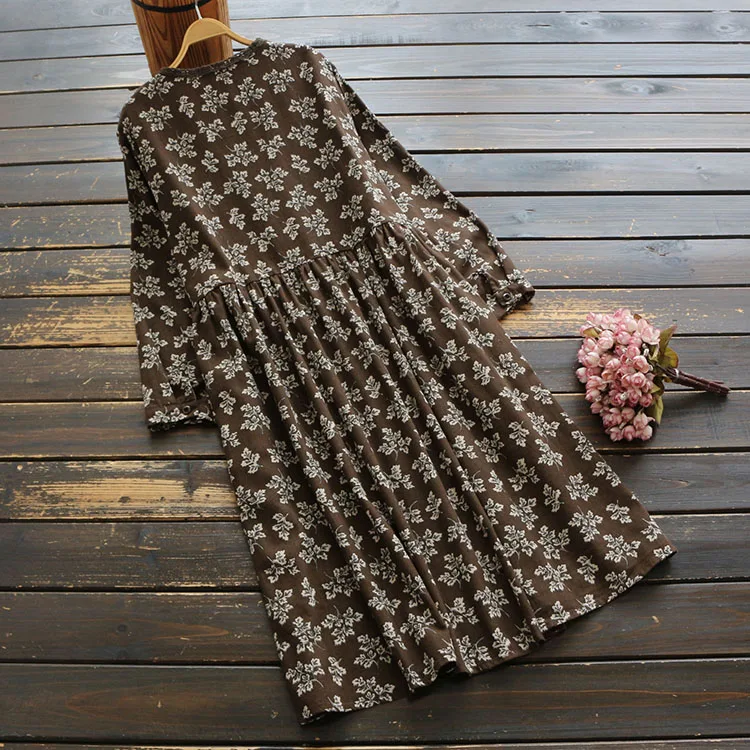 Женское хлопковое льняное платье 2019 с длинным рукавом на осень и весну цветочным