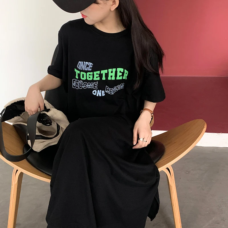 

Qooth Casual T shirt Dress Women Shirt Dress 2020 Summer Loose Short-Sleeved Split Female Patchwork Blue Maxi Dress QT090