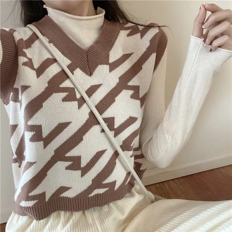 

Hstar Vests Waistcoats Striped Knitted V-Neck Pullovers Autumn Womens Chic Simple Sleeveless Fashion Retro Elegant Loose