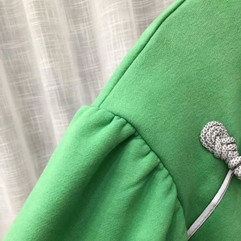 

Chinese Style Green Long Sleeve Sweatshirts Women Streetwear Casual Button Loose Pullover Tops Autumn Winter Vintage Warm Shirts