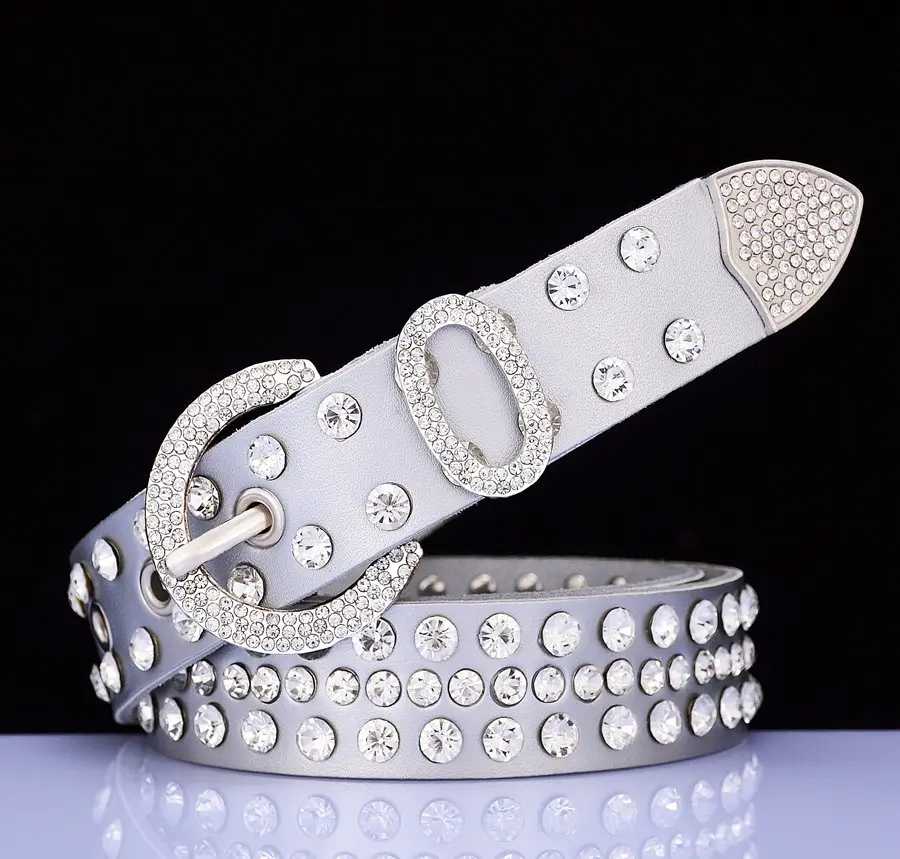 Fashion genuine leather rhinestone belts for women Luxury shining silver ring Pin Buckle belt female jeans strap width 2.8 cm