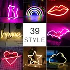 Оптовая продажа, светодиодный ночсветильник 39 стилей с питанием от USB, неоновая Ночная лампа, цветной Радужный фламинго, кошка, губы, сердце, украшение для спальни