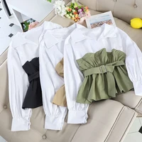 white collar shirt ruffles casual blouse tops women long sleeve stitching tunics v neck ladies clothes with belted 2021 fashion