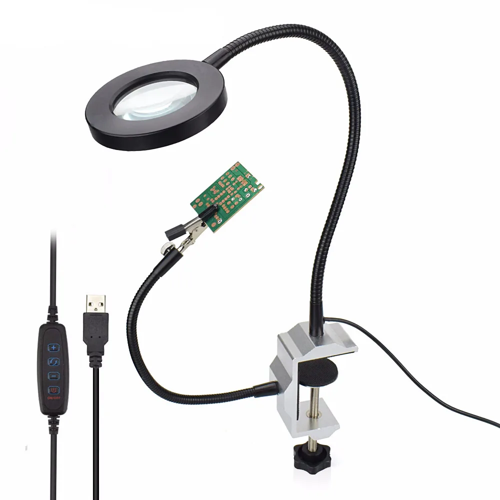 Black GEYOTAR USB 3X увеличительное стекло Рабочий свет паяльник держатель тиски, стол зажим паяльная станция 2 шт. гибкий манипулятор - Color: Black