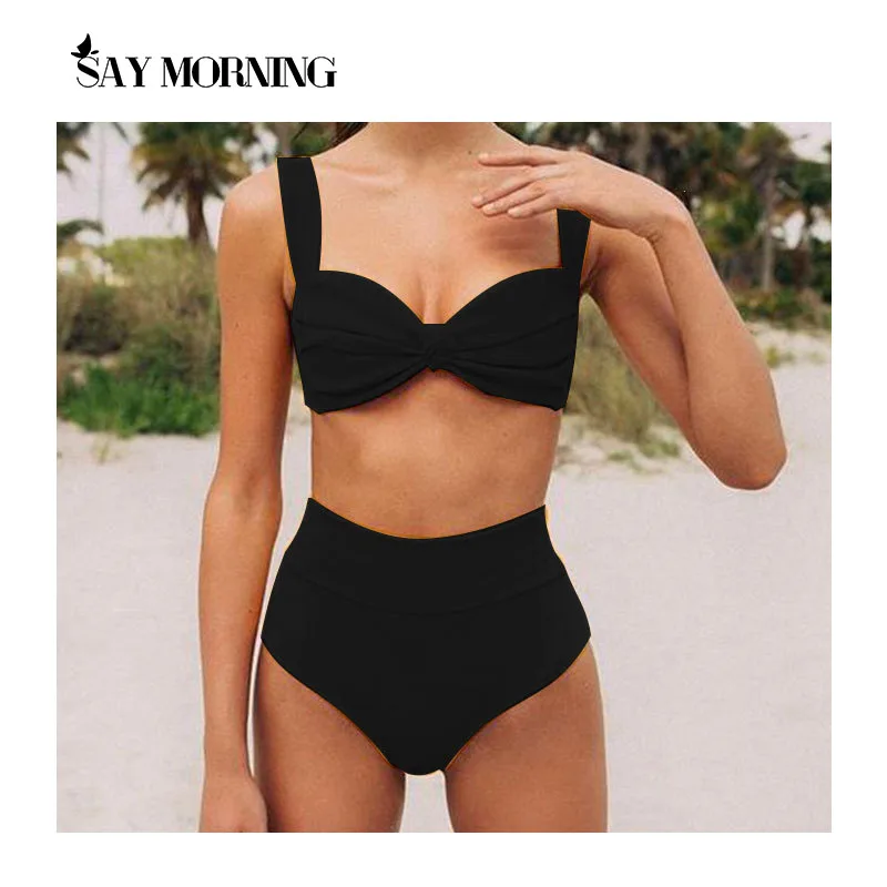 

SAY MORNING Push Up Bikini 2021 New Arrival Straps Padded High Waist Swimsuit Female Bow Sexy Biquini Retro Swimwear Women