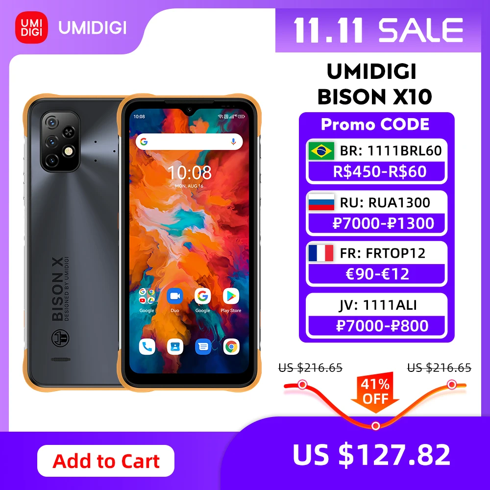 UMIDIGI BISON – Smartphone X10 Pro, téléphone portable robuste, IP68, Version mondiale, 64 go/128 go, NFC, Triple caméra 20mp, 6150mAh  (0)