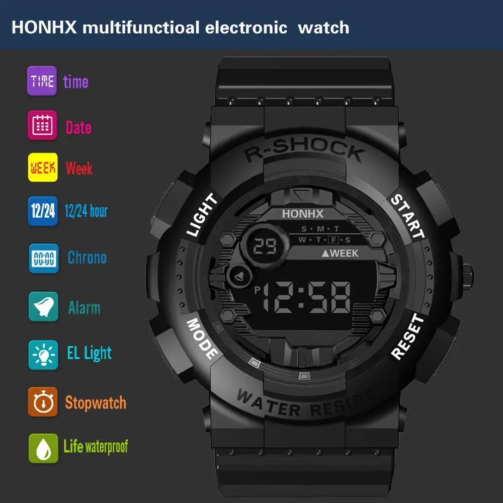 HONHX Роскошные Мужские Цифровые светодиодный часы с цифровым датным будильником водонепроницаемые спортивные мужские наружные электронные часы дропшиппинг Q