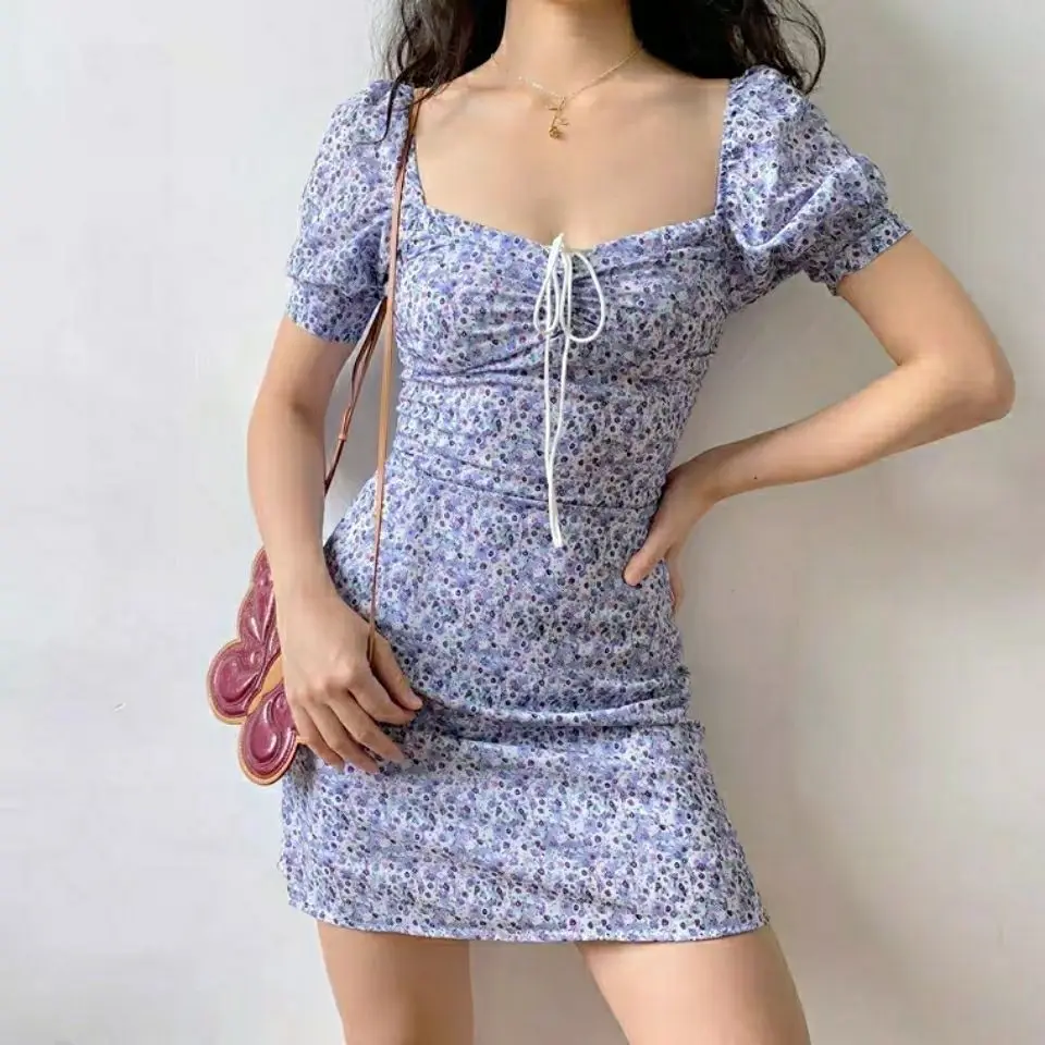 

European And American Women's 2021 Summer New Fashion Lace Up Bubble Sleeves Show Thin Waist Floral Dress