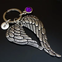 a z 26 initial letters fashion key ring metal key chain keychain jewelry antique silver color angel wings birthstone pendant