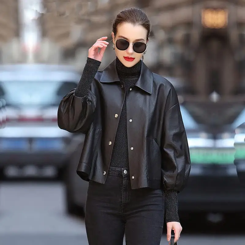 

SuperAen Solid Short Loose Turn Down Collar Full Casual New Short PU Leather Jacket Spring and Autumn