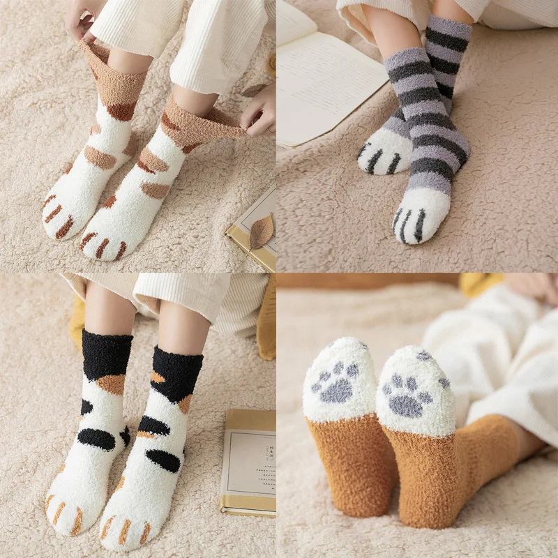 

Casual Korea style women socks plush coral fleece female socks autumn winter cat claws cute thick warm funny floor sleep socks