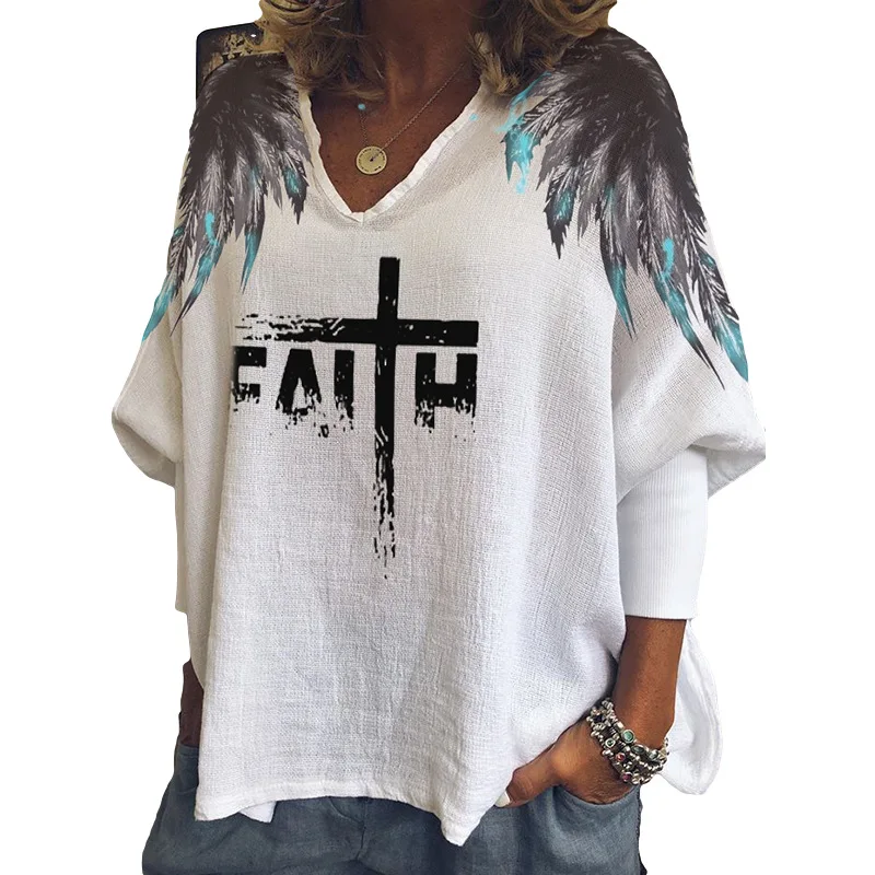 

2021 New Women Top Wings Printed V-neck Long Sleeve Loose T-shirt Women Tops Graphic T Shirts Woman Tshirts Summer Plus Size